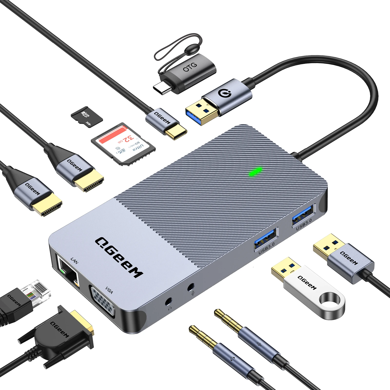 QGeeM USB 3.0 Docking Station, Triple Display USB Hub Dual Monitor, USB C Laptop Docking Station Compatible with MacBook M1 M2