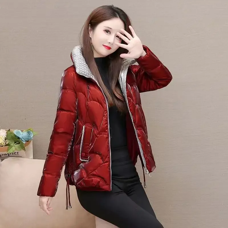 Glanzende stof donskatoenen jassen dames winter nieuwe mode casual verdikte korte losse lange mouwen jas dameskleding