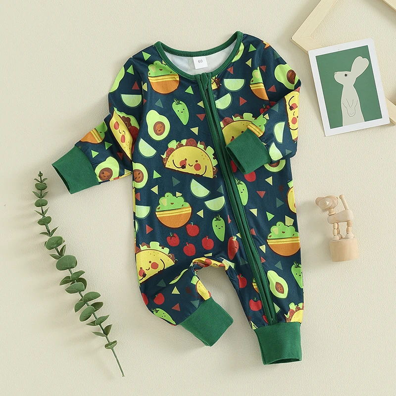 2023-10-24 Lioraitiin 0-12M Baby Boys Girls Romper Long Sleeve Zipper Crew Neck Taco/Fish/Dinosaur Print Fall Jumpsuit Clothes