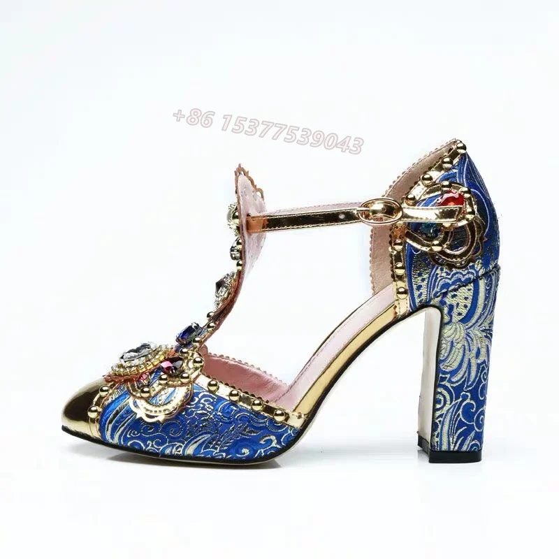 Baroque Rhinestone Gem Pearl Embellished Print Flower Embroidery T-belt Women's Stiletto Pumps Block Heel Peep Toe Design Shoes