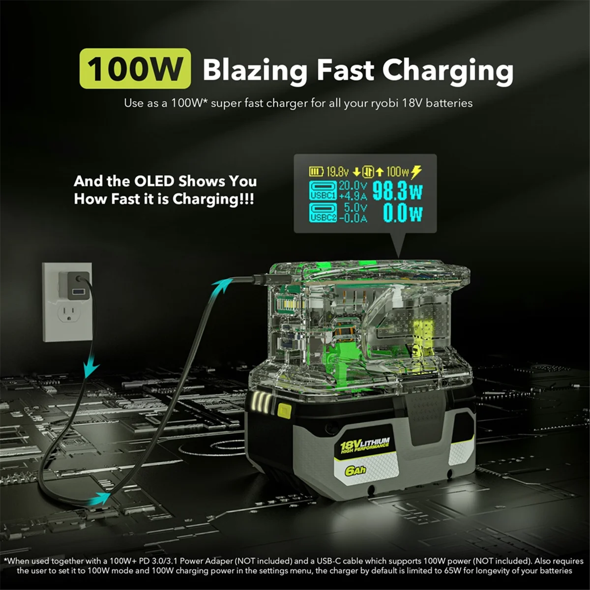 

Fast Charger for RYOBI 18V ONE+ Battery Charger Lithium Battery 100W Fast Charge USB Port Two-Way Charger DY