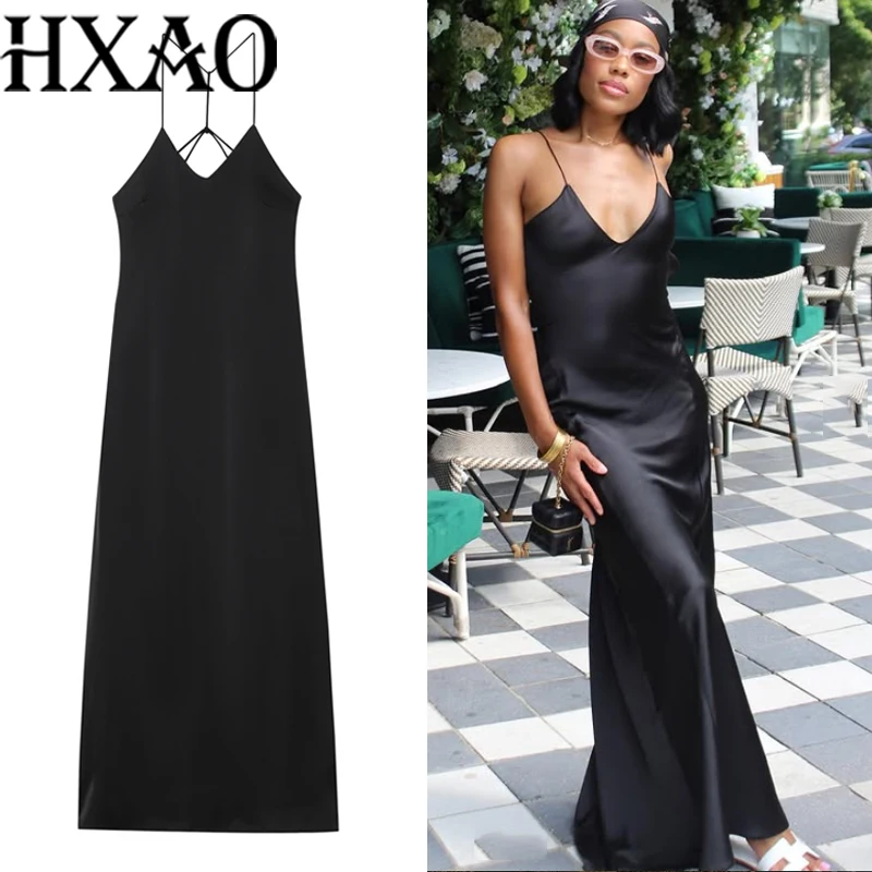 HXAO Damen Schwarzes Kleid, ärmellos, Slip, Damen-Sommerkleid, Riemchen, V-Ausschnitt, lange Partykleider, Strand, rückenfrei, sexy Abendkleid