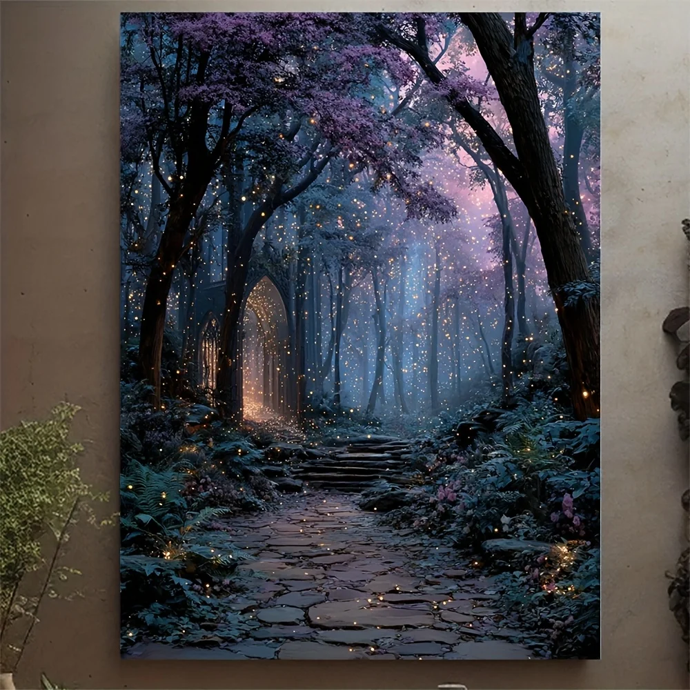 (Sans cadre) 1 pièce, avec cadre, 12x16 pouces [2D plat] Toile d'art Forêt Enchantée - Sentier de forêt magique avec éclairage pour accrocher