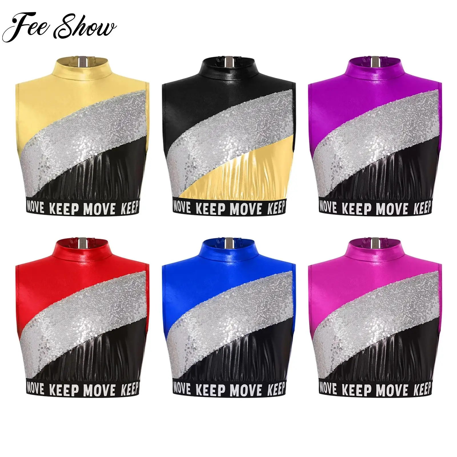 

Kids Girl Jazz Street Dance Costume School Cheerleading Uniform Sleeveless Sequins Metallic Crop Top for Performance Competition