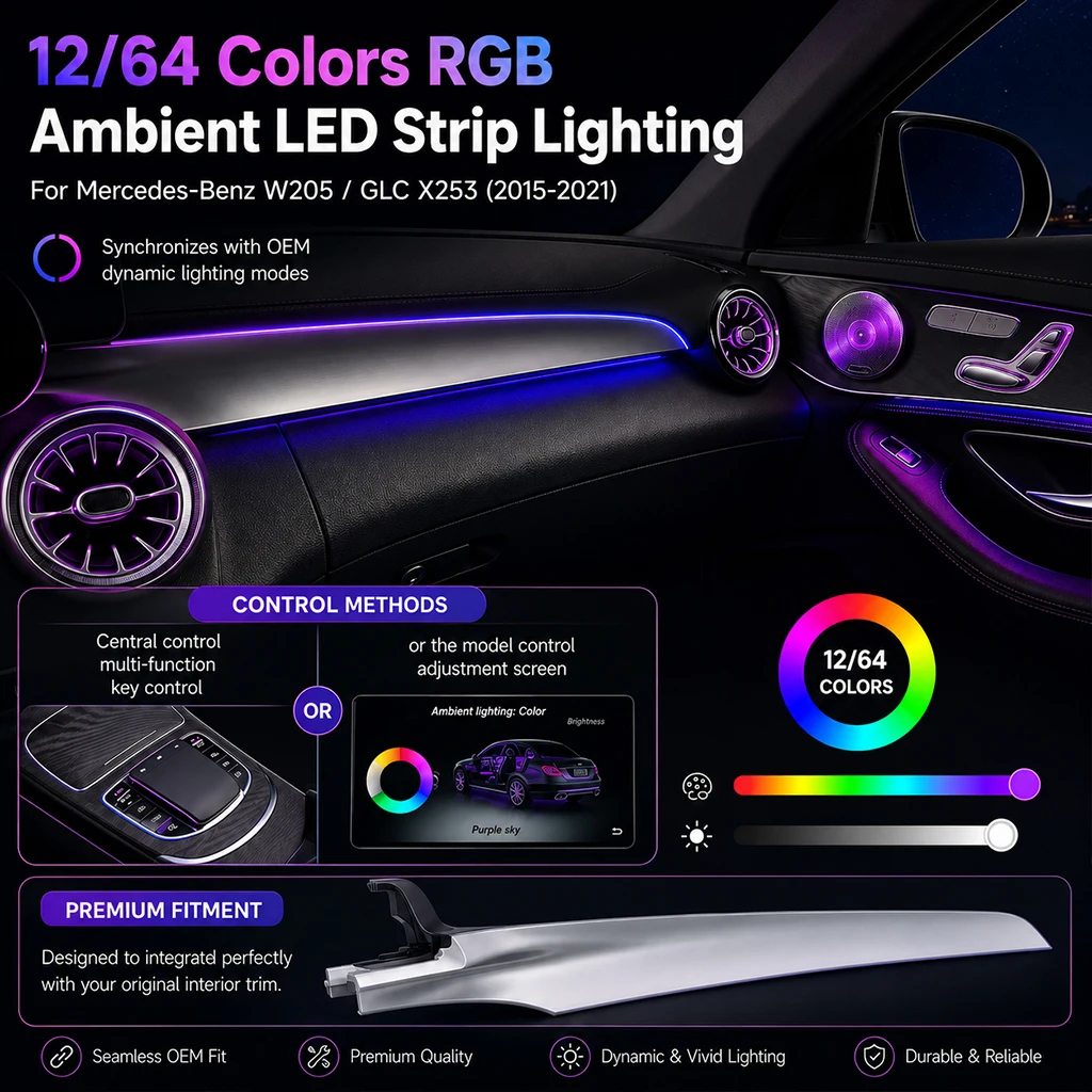 

12/64 Colors RGB Passenger-side LED Strip for Mercedes-Benz W205 GLC X253 2015-2021 Interior Ambient Light Upgrade Accessories