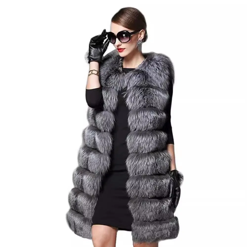 

Cool Gradient Winter Women Mink Fur Vest Round Neck Plaid Sleeveless Female Faux Fox Fur Coat Long Over The Knee Lady Fur Jacket