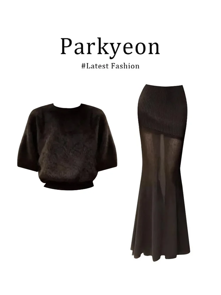 

Parkyeon Pure Desire Coffee Color round Neck Short Sleeve Sweater Women's Autumn Winter New Hollow out Wrap around Skirt...