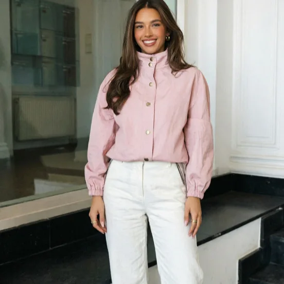 Light Pink Stand Collar Bomber Jacket Metal Snap Buttons Drop Shoulder Elastic Cuff Cropped Casual Spring Street Outerwear