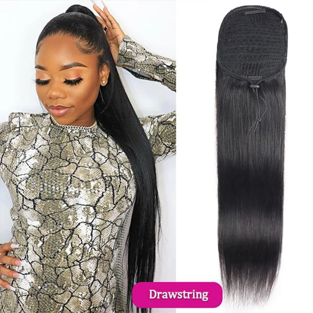 Brazilian Straight Kinky Curly Remy Human Hair Ponytail Extensions 100G Straight Curly Wave Drawstring Clip Ins Hair Piece