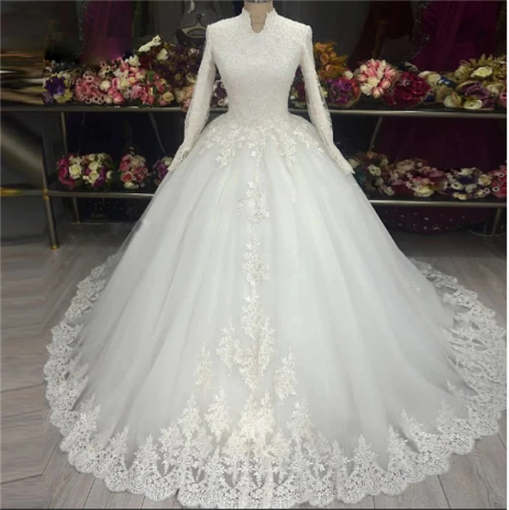 

High Neck Muslim Wedding Dresses Elegant Lace Long Sleeves For Women Bridal Gown Vestido De Noiva Customized 2025