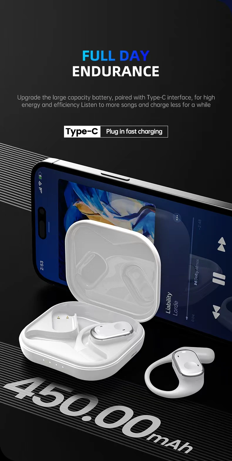 Open-Ear Headphones with Stable Comfort & Hi-Res Sound Pure Bass Boost Bluetooth 5.3 Earbuds OWS Wireless Headphones for Sports