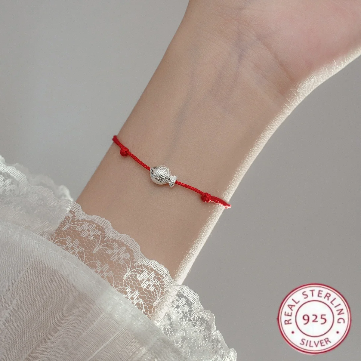 Real 925 Sterling Silver Bracelet For Women Single Fish Red Thread For Hand Rope Red Thread Bracelets Jewelry Accessories Gifts