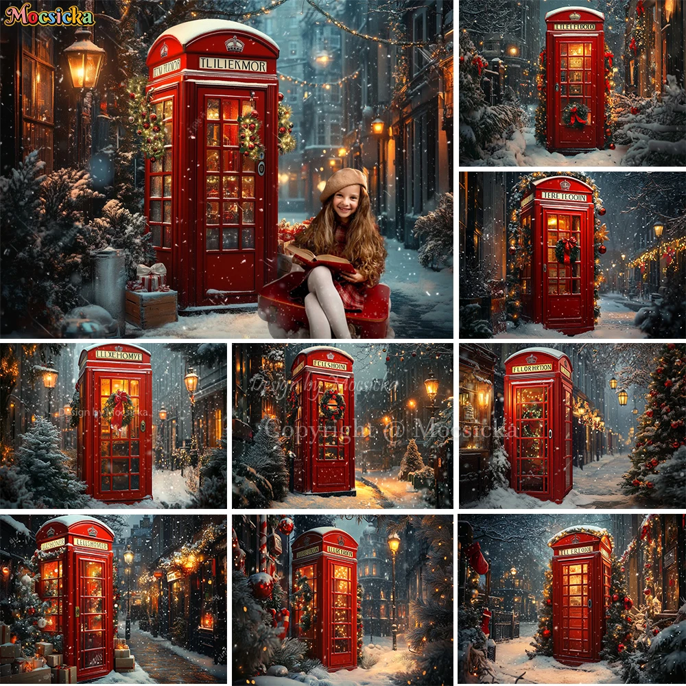 Christmas Street Corner Background Photography Xmas Night Red Phone Booth Lamps Backdrop Winter Kids Birthday Photo Studio Prop