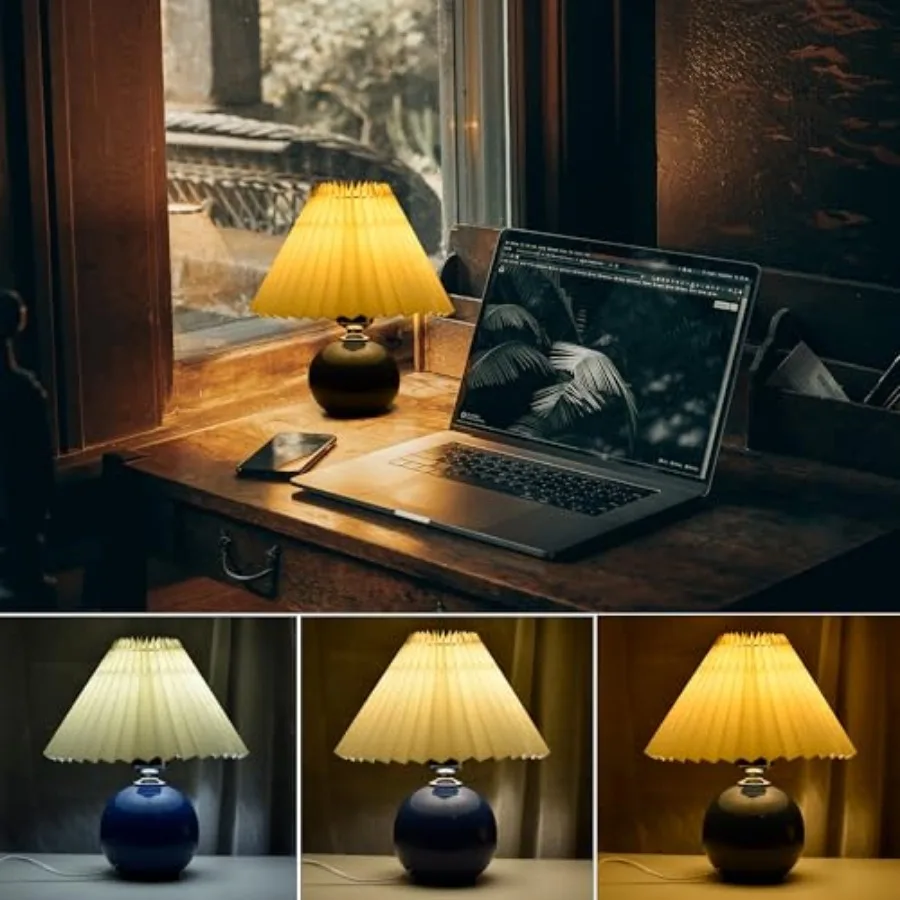 Korean Pleated Table Lamp Inch DIY Ceramic Table Lamps for Living Room Home Deco Cute Lamp with Tricolor Led Bulb Beside Lamp… view 5