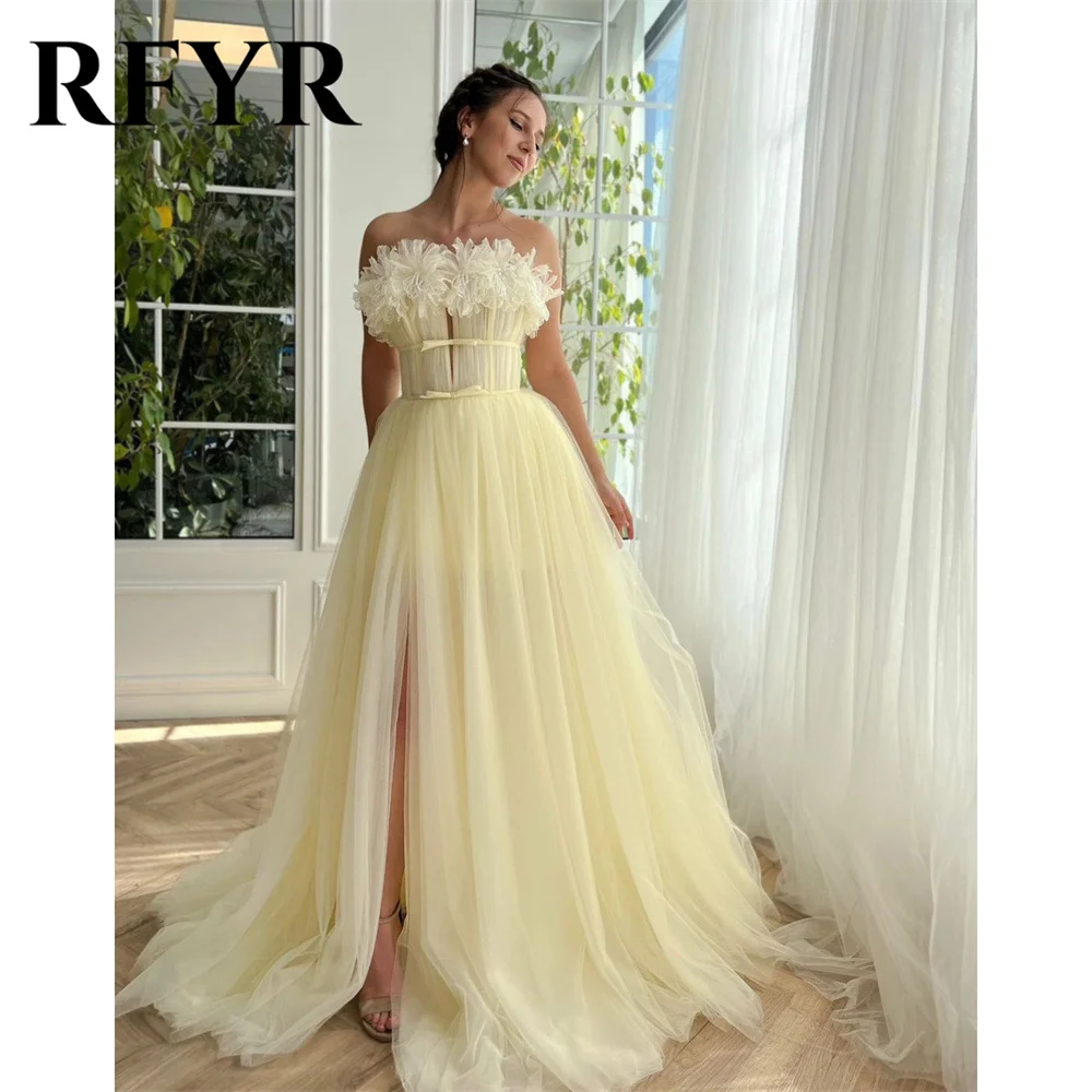 

RFYR Strapless Yellow Charming Prom Dress Gown Net A Line Formal Gown Pleat Evening Gown with Split vestidos de noche Customized