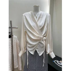 Japanese Style Vintage Shirts Women Pleated Blouse Lace-up V-neck Long Sleeve Cardigan Sexy Female Kimono Irregular Tops