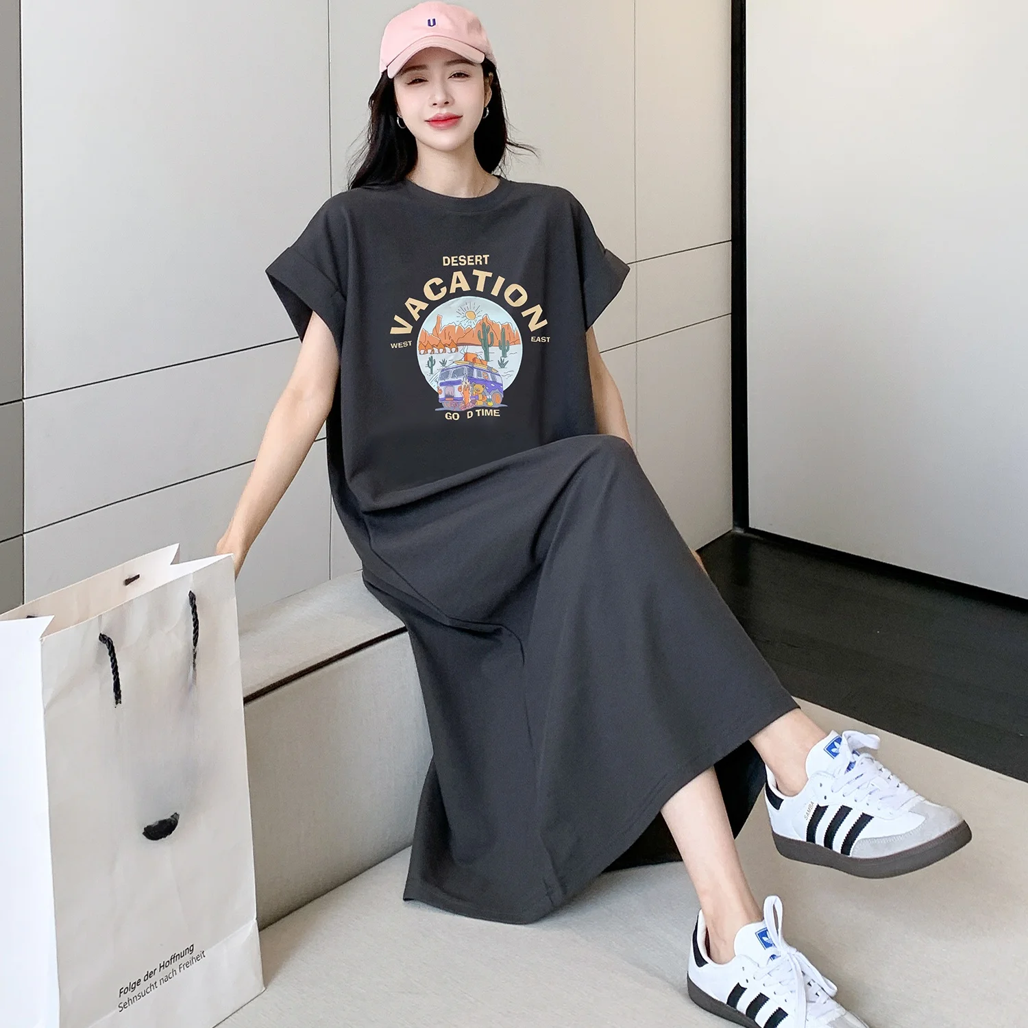 T-shirt imprimé en pur coton pour femmes, dr Long Sve ort Sve, jupe trapèze, pour les déplacements, nouvelle collection été