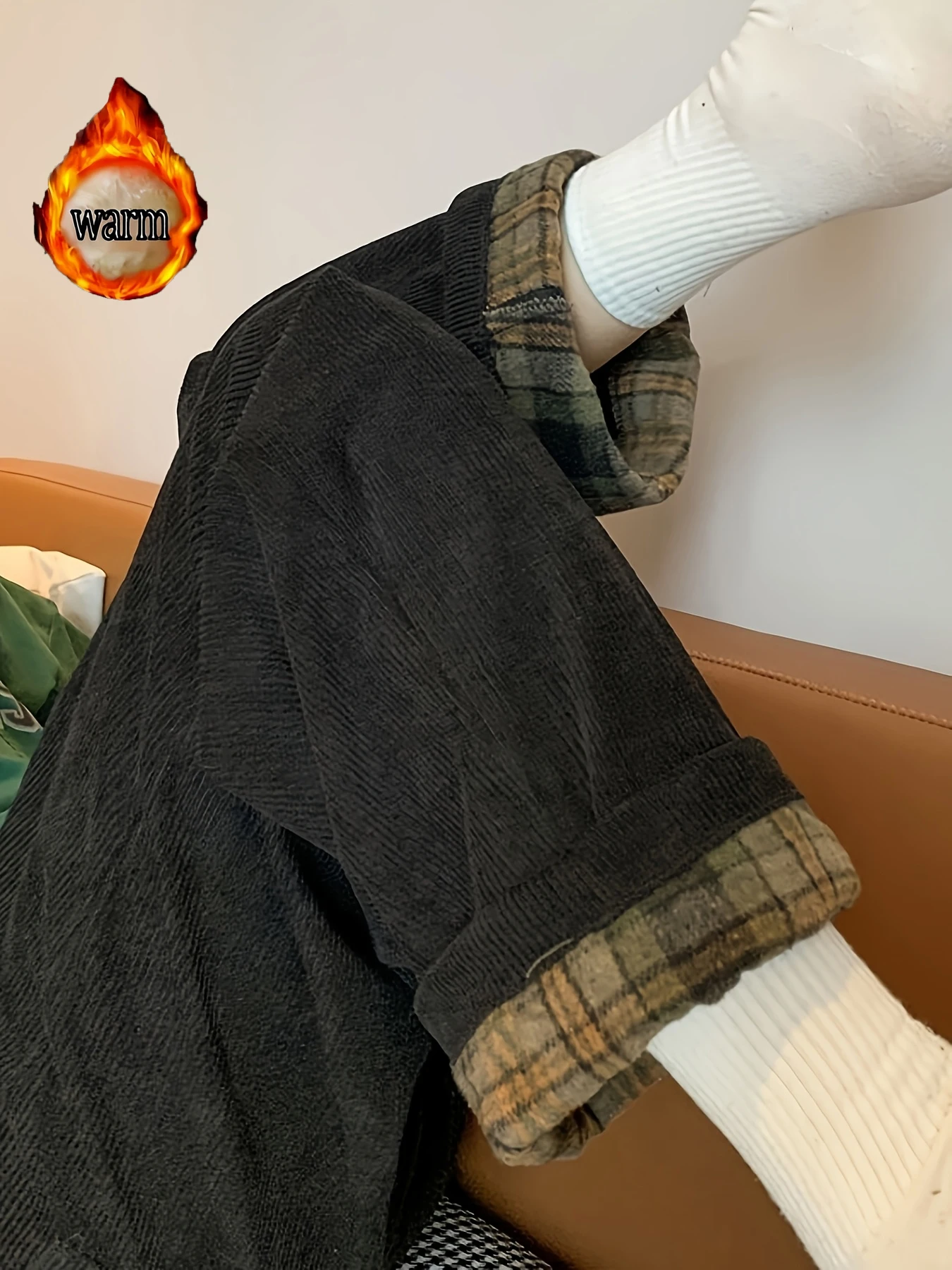 Pantaloni a gamba dritta casual scozzesi a blocchi di colore retrò in tinta unita per donna, pantaloni sportivi drappeggiati larghi in velluto a coste ispessito foderato in pile autunno e inverno, pantaloni di cotone giovanile, pantaloni versatili per pendolarismo in stile giapponese ispessito, alla moda