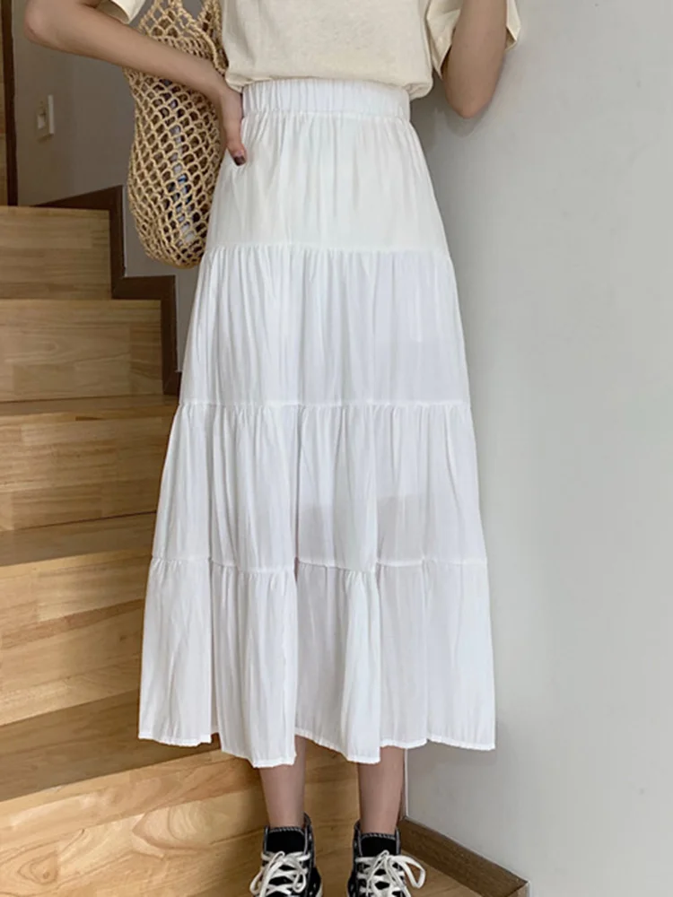 Summer A-LINE Loose Black White Cotton Long Skirt Women Casual Vintage High Waist Elastic Patchwork Girl Elegant