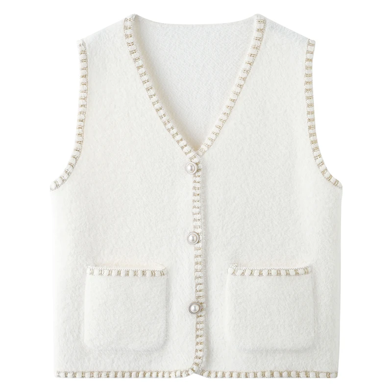 Brush Mohair Knit Vest with Glittery Contrast Trim Pocket Front Button Down Sleeveless Cardigan Sweater Women Fall Winter Outfit