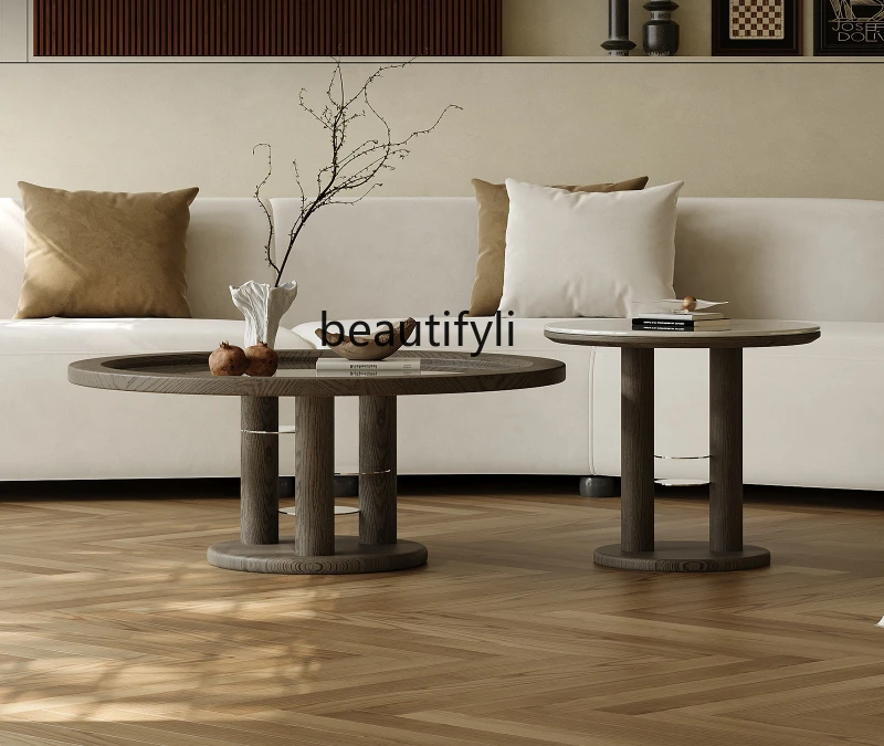 

yj32 Italian minimalist round coffee table, solid wood ash wood glass marble living room household small apartment designer