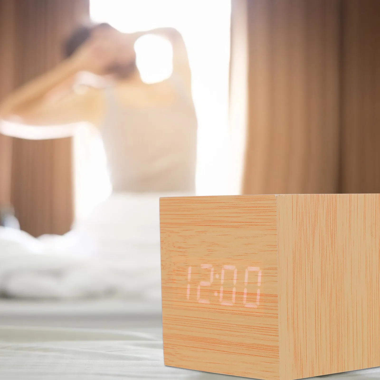 1Pcs Wooden LED Alarm Clock Square Digital Bedside Clock Temperature Display Adjustable Brightness Eye Protection