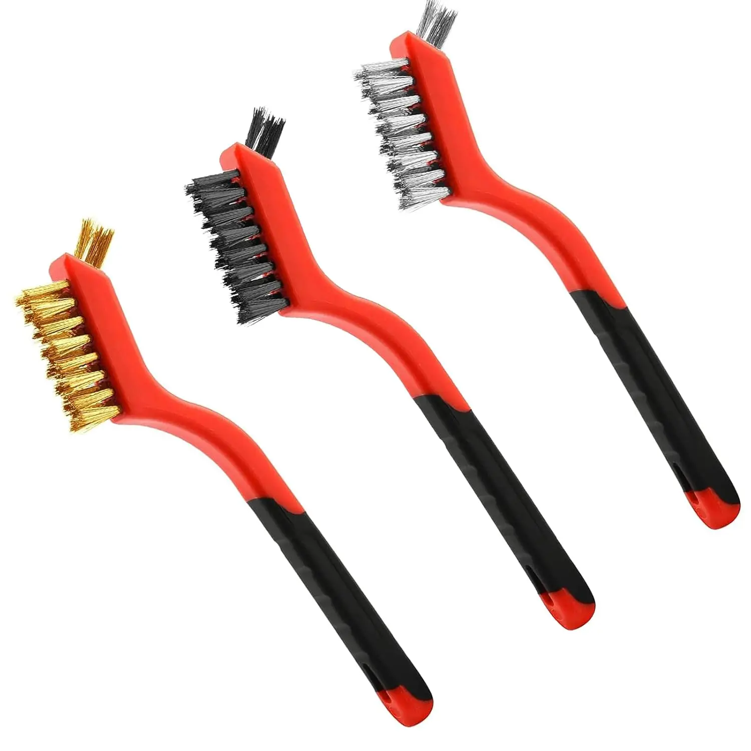 

Wire Brush Set (3-Pack) for Precision Cleaning – Brass, Nylon & Stainless Steel with Curved Handle for Tight Spaces