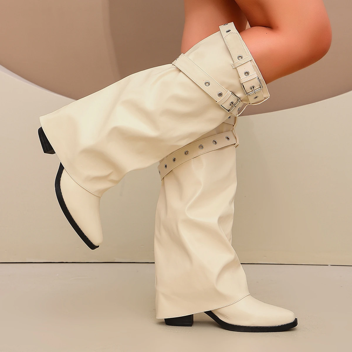 Punk-Gürtelschnalle, schwarze Overknee-Stiefel für Damen, Herbst/Winter, Lackleder, klobige High-Heel-Stiefel, Damen-Overknee-Stiefel in Übergröße 43 – Detail 8