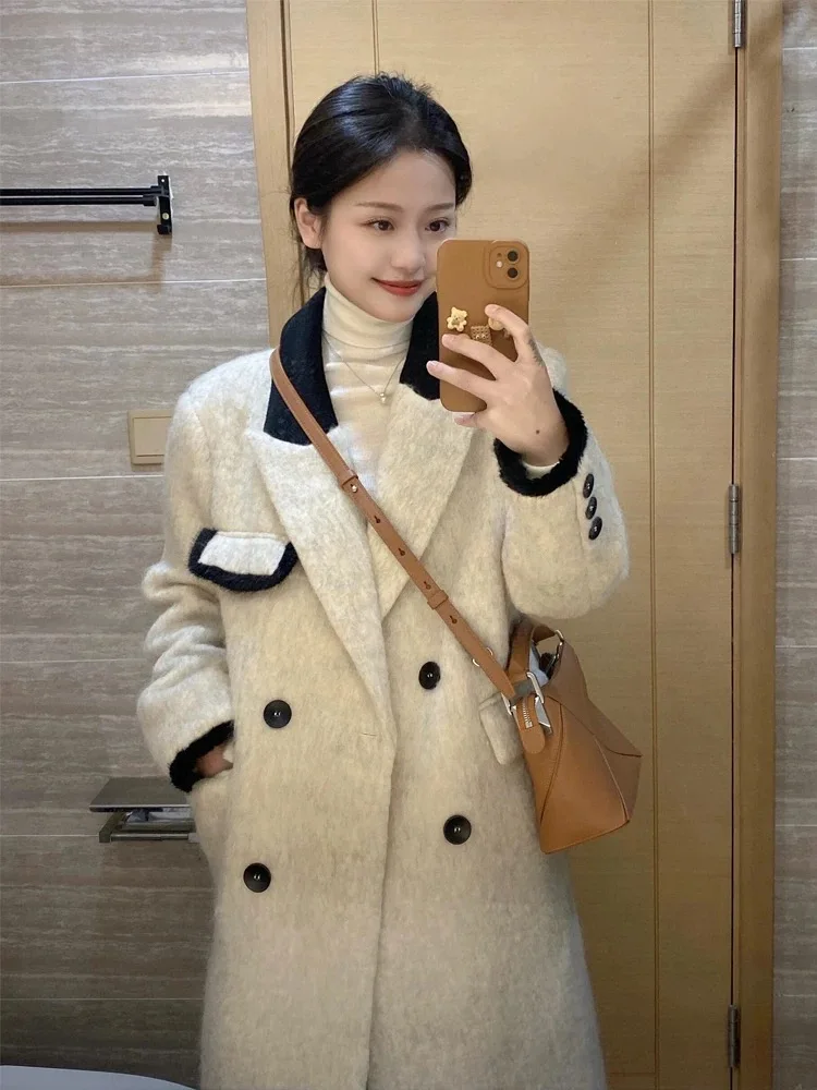 

Женское шерстяное пальто средней длины в корейском стиле с отложным воротником, высококачественная верхняя одежда с длинными рукавами для глубокой зимы