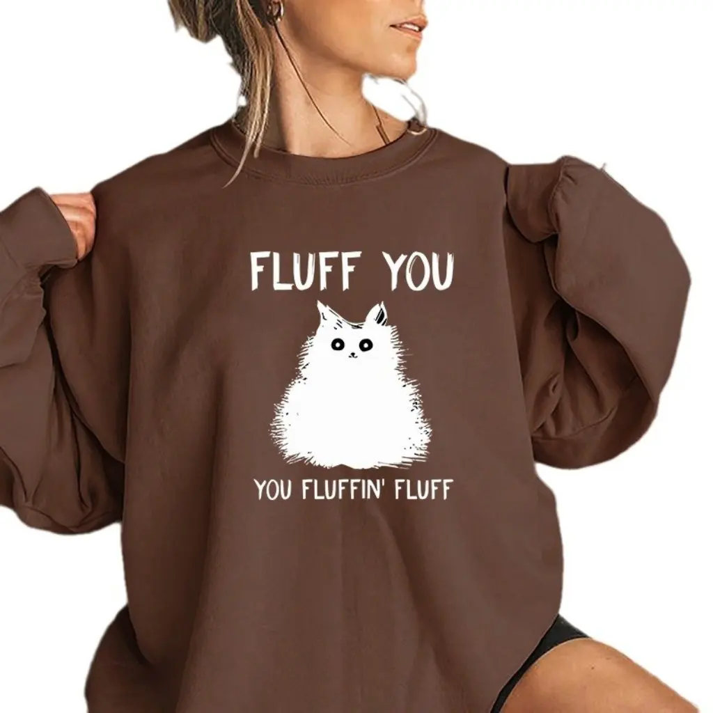 Women's Fleece-Lined Cat Letter Print Sweater Autumn Winter Back Bag Collar round Neck Popular Style