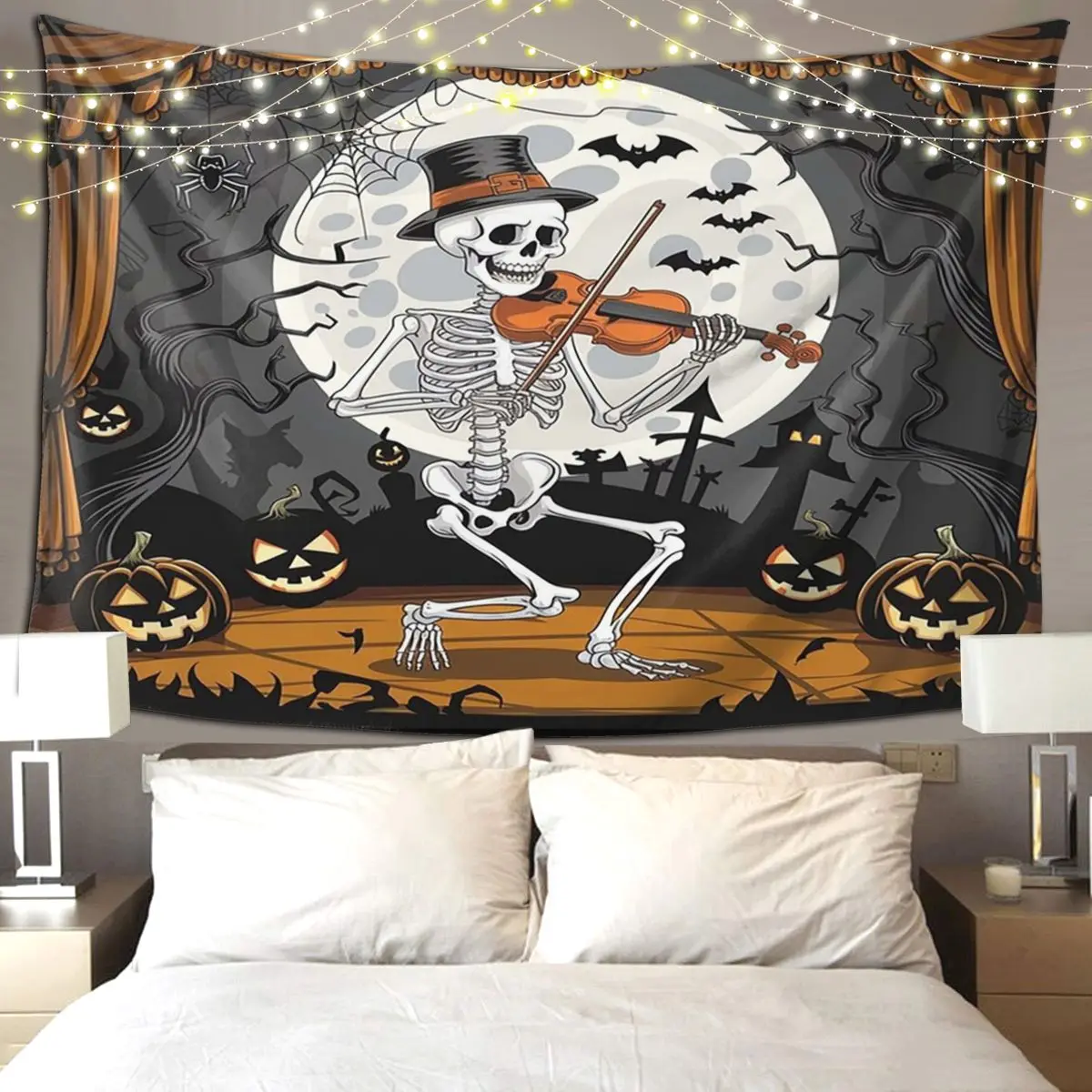 Halloween Skeleton With Violin Tapestry Hippie Wall Hanging Aesthetic Home Decoration Tapestries for Living Room Dorm Room