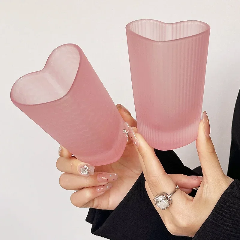 Pink Heart Glass Coffee Cup Creative Hammer Pattern Drink Water Cup Kitchen Fashion Advanced Sense Heat-resisting Juice Glass