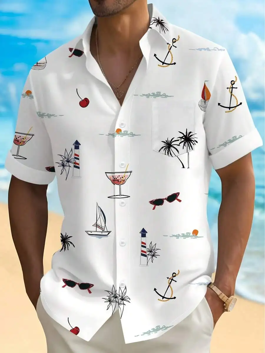 VENTUSAIL Men's Sage Green Hawaiian Palm Leaf Print Button-Down Shirt,Summer Casual Short Sleeve Lightweight Loose Pocket