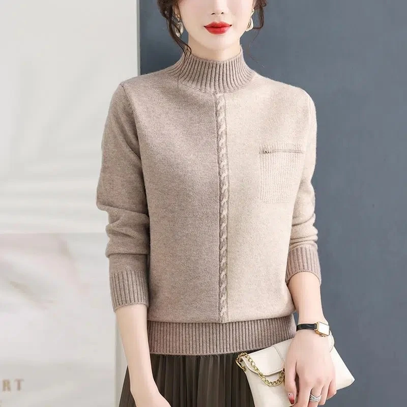 Women Clothing Turtleneck Sweater Winter Fashion Slim New Splicing Knitwear Office Lady Chic Contrast Style Knitted Pullovers