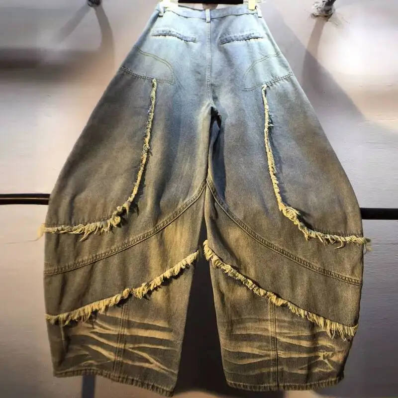 ANJY Spring Autumn New Women American Style Vintage Washed Frayed Edge Jeans Trendy Ins Loose Casual Wide Leg Denim Pants A23814