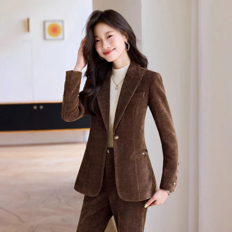 

2025Осенне-зимний новый элитный модный пиджак, бархатный блестящий тонкий вельветовый пригородный комплект