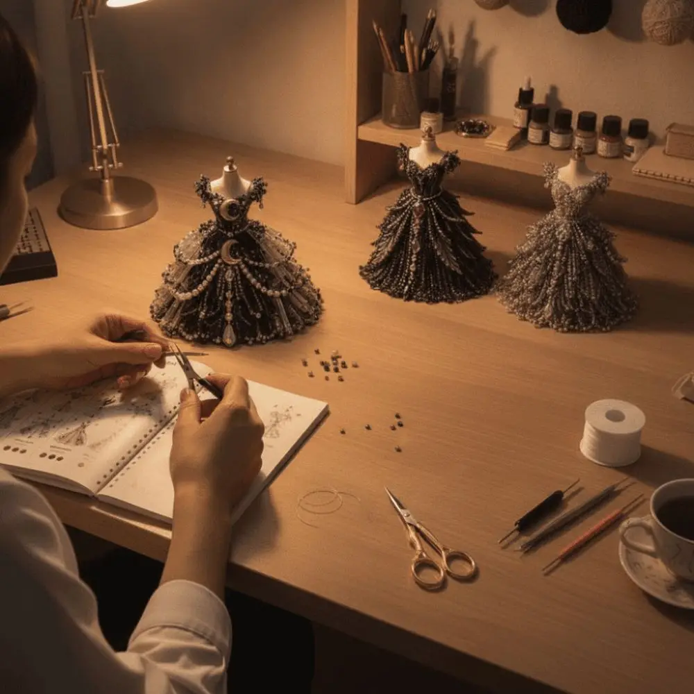 3D-Design Perlenkleid-Bastelset: Winzige Perlen für Kleiderformen, Kreatives Bastelset, Niedliches Design, Perlenwebset, Schreibtischdekoration