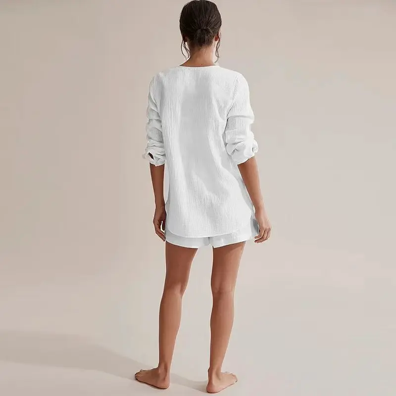 2026 Newly 100% Cotton Gauze Muslin Sets for Women 2 Pieces Button Up Long Sleeve Top + Shorts Set Elegant Suit