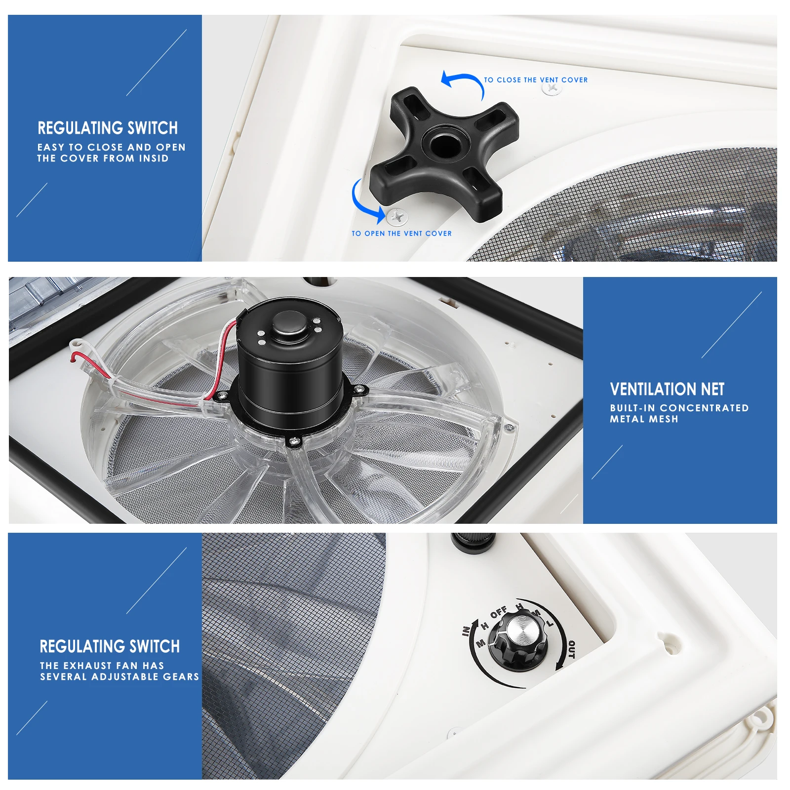 3-Speed Manual RV Roof Ventilation Fan 12V RV Ventilating Vent Fan Caravan RV Roof Skylight Vents For 40*40cm Opening size