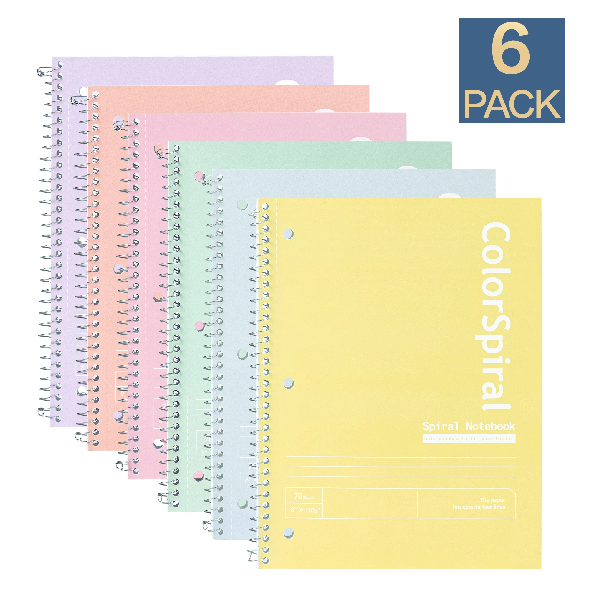 Cuaderno espiral Deli Morandi, paquete de 6, rayas universitarias, papel grueso, 140 páginas, 8 x 10,5 pulgadas, colores surtidos