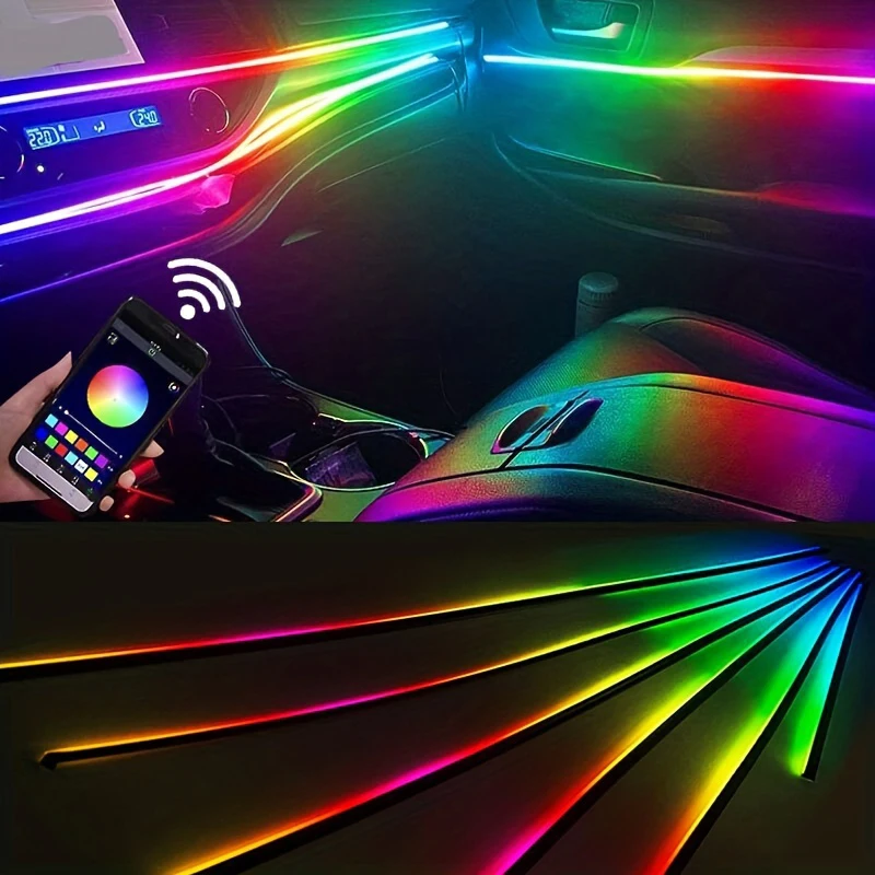 

Автомобильные яркие светодиодные ленты, автомобильная неоновая симфония 64 RGB, универсальные акриловые лампы для атмосферы, разноцветное освещение с помощью приложения радуги