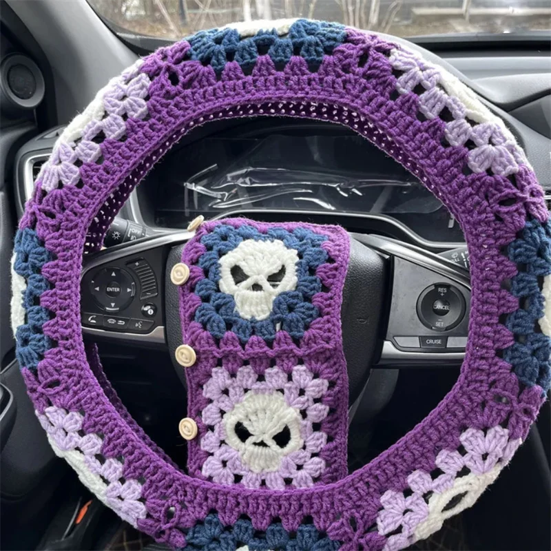 Handmade crocheted Easy Installation Elastic for Women Skull steering wheel cover Spider web Seat belt cover Cross-border sales