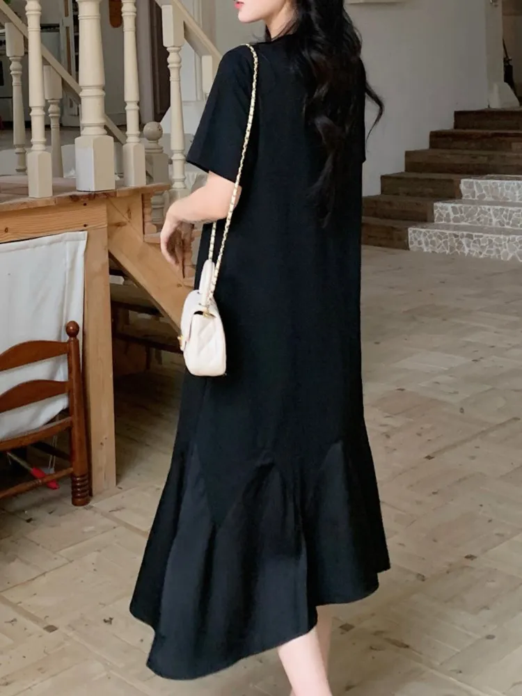 حجم كبير الصيف كوريا الجديدة غير النظامية امرأة فستان Vestidos رداء Elbise فضفاض المرقعة قصيرة الأكمام فستان طويل