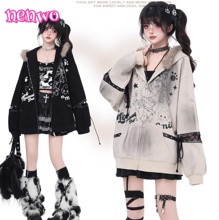 

Американский панк, милая крутая куртка с капюшоном и меховым воротником для девочек, повседневные толстовки на шнуровке с длинными рукавами и мультяшным принтом на молнии, женские осенние
