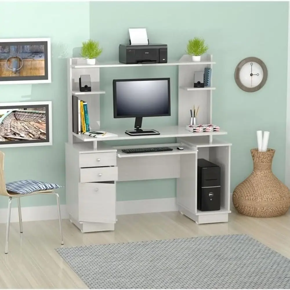 أمريكا، 53.5 بوصة ارتفاع × 48.62 بوصة عرض × 19.5 بوصة عمق، مركز عمل من خشب البلوط المغسول مع حافظة، صينية لوحة مفاتيح قابلة للسحب، أدراج، محطة عمل مكتبية