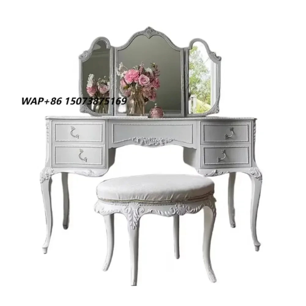 Carved French Provincial Solid Wood Dressing Table with Mirror and Drawers, White Vanity Set with Stool for Bedroom
