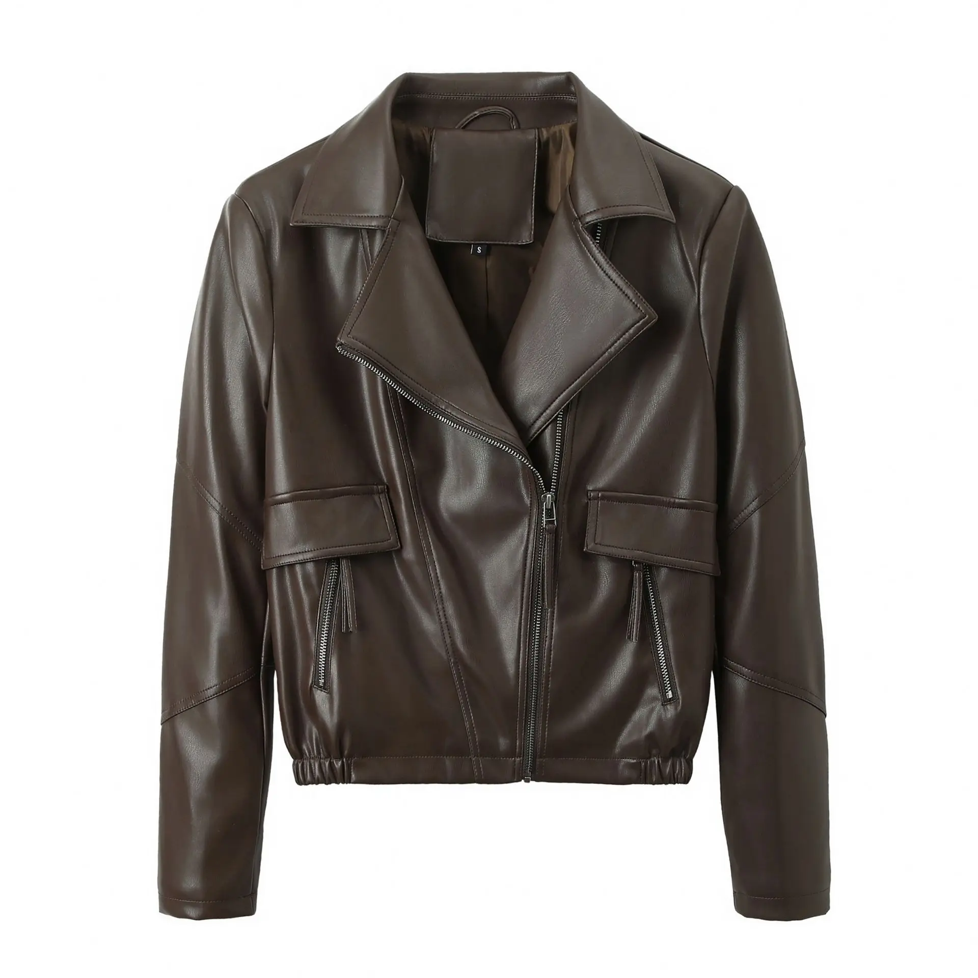

Women's Tassel Trim Pu Biker Jacket - Elastic Cuffs/Hem & Front Zip Pockets | Back Center Seam | Black/Chestnut | 3-Season ⚡