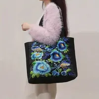 Ethnic Style Flower Embroidery Canvas Tote Shoulder Bag Large Capacity Handbag For Women 6