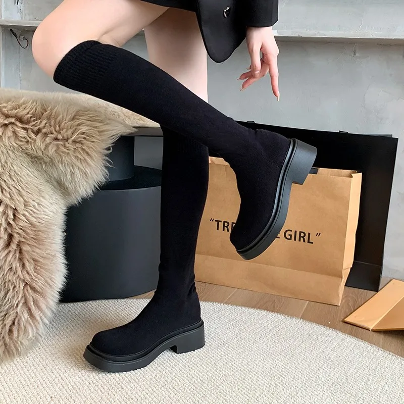 Comemore Women's Spring Autumn Long Over Knee Boot Ladies Elastic Square Low Heels Woman Stretch Shoes Sex Knee High Sock Boots