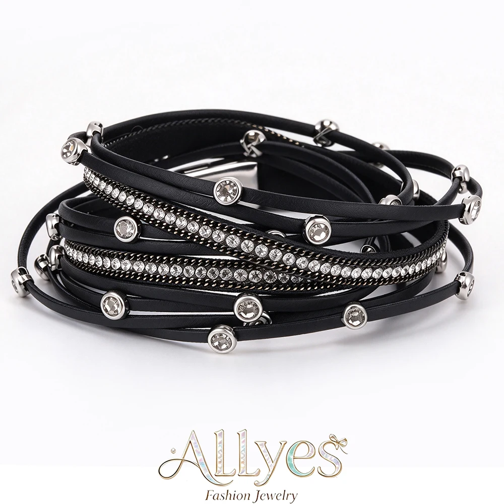Vintage Simple Long Leather Bracelet for Women Men Boho Multi Layer Rhinestone Beads Wrap Bangle Bracelets Charm Jewelry